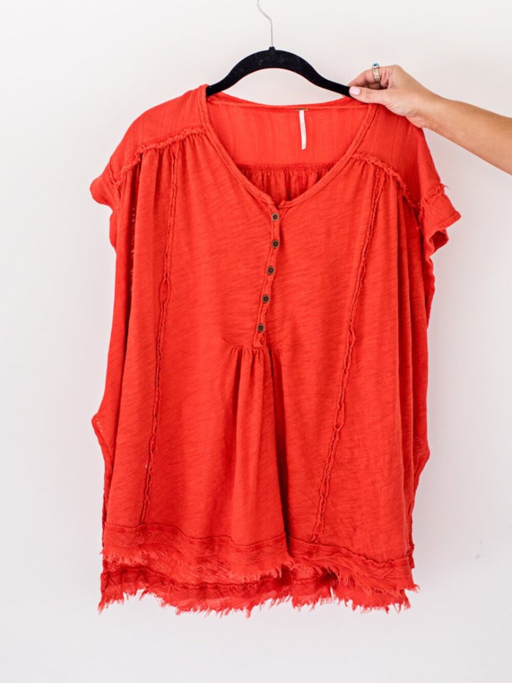 Free People Aster Henley Tunic  Orange Linen Blend Boho Oversized Top Size M